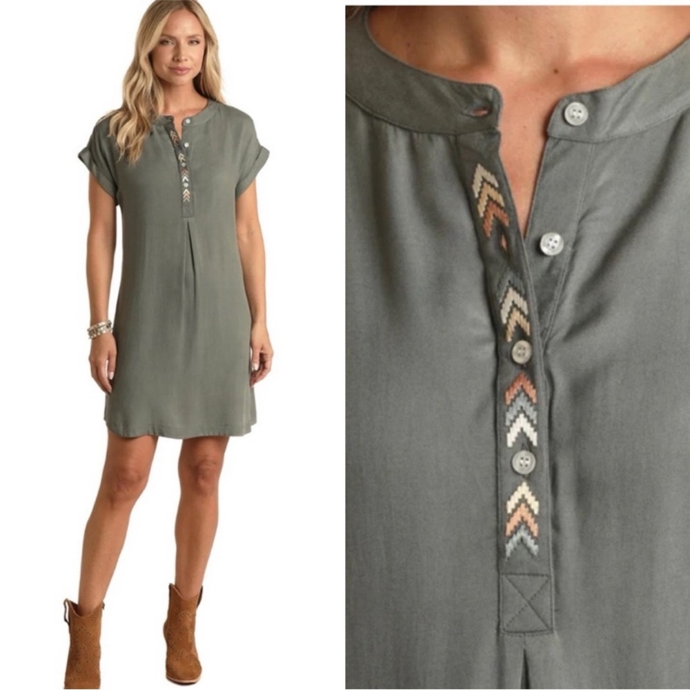 Panhandle Olive Green Tunic Dress with Embroidered Detail